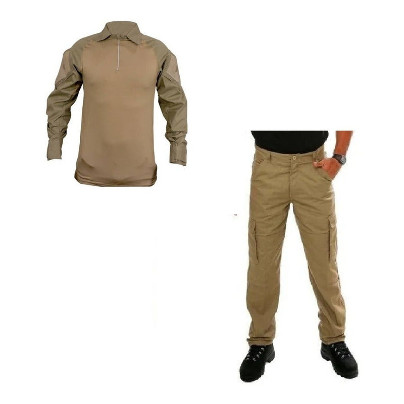 Farda Tática Combat Shirt Caqui Tan + Calça Airsoft A1075 - grupobolder